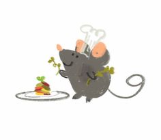 a drawing of a mouse eating food on a plate