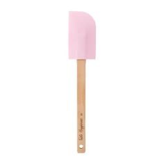 a pink spatula with wooden handle on a white background