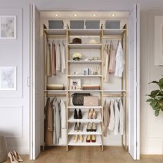 an organized closet with white shelves and drawers