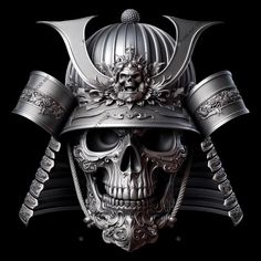 a skull wearing a helmet with two swords