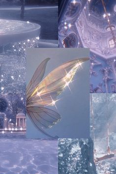 four different images of fairy wings in the snow, and one with sparkles on it's wings