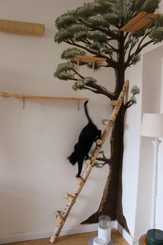 a cat climbing up the side of a tree with its tail in the air on a ladder