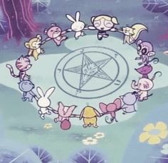 cartoon characters are standing in a circle with an inverted pentagramil on it's center