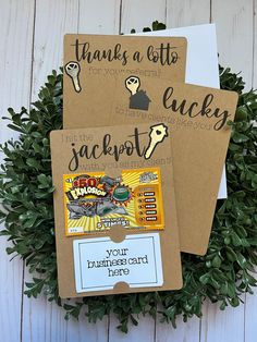 three thank you cards on top of each other with the words, thanks and luck