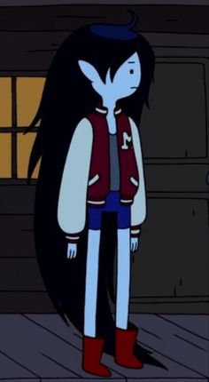 an animated image of a person with long black hair standing in front of a door