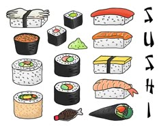 an illustrated drawing of sushi on a white background