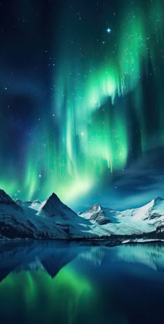 the aurora bore is shining brightly in the night sky over mountains and lake with snow on them