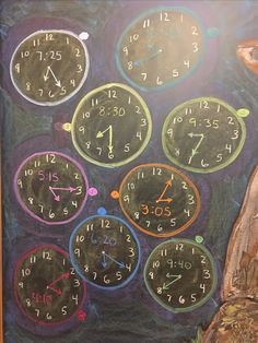 a chalkboard drawing with clocks on it