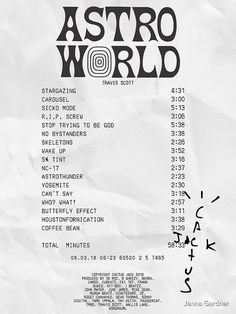 an advertisement for astro world on a piece of white paper with black writing and numbers