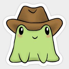 a green sticker with a brown hat on it's head and eyes, in front of a white background