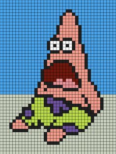 A pixel art template of Patrick Star from SpongeBob SquarePants sat down with his mouth open. Spongebob Bead Pattern, Patrick Star Pixel Art, Muppets Pixel Art, Patrick Star Perler Beads, Spongebob Tapestry Crochet, Pixel Art Pattern Spongebob, Scooby Doo Pixel Art Grid, Pixel Art Spongebob Easy, Spongebob Pixel Art Grid