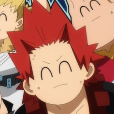 an anime character with red hair and other characters behind him looking at something in the distance