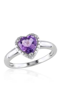 This sterling silver ring features 1.00 ct. t.w. heart shaped amethyst and measures 9.70-mm. x 9.80-mm. Almost all gemstones have been treated to enhance their color and require special care. | Belk & Co Amethyst Heart Ring in Sterling Silver, Purple, 7 Heart Shaped Amethyst, Heart Halo Ring, Rings Purple, Sterling Silver Birthstone Ring, Heart Halo, Birthstone Rings, Amethyst Heart, Silver Heart Ring, Heart Shaped Rings