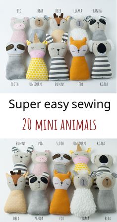 several stuffed animals are shown with the words super easy sewing 20 mini animals on them