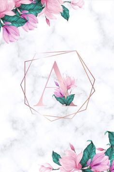 pink flowers and green leaves on a marble background with the letter a in the center