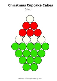 the christmas cupcake cake is shown in red, white and green with circles around it