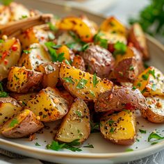 a white plate topped with potatoes covered in seasoning and garnished with parsley