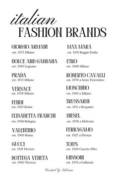 an advertisement for italian fashion brands, with the names in black and white on it