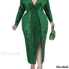 Olivia Mark - Womens Plus Size Sequin Deep V Neck Long Sleeve High Split Maxi Dress: A Sophisticated and Elegant Party Dress with Medium Stretch Strech Dresses, Elegant Party Dresses, Ankle Length Dress, Split Maxi Dress, Sequin Maxi Dress, Green Sequins, Stylish Plus, Maxi Dress Evening, Club Style