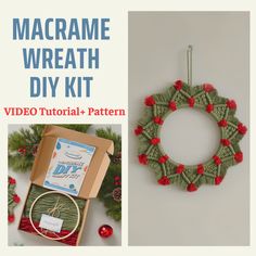 the macrame wreath diy kit is displayed next to an ornament