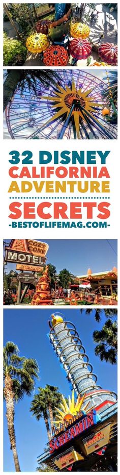 the disneyland california adventure park secrets and its rides are featured in this postcard design