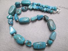 "A wonderful Southwestern genuine turquoise necklace. Interesting shapes and sized stones, interspersed with sterling silver beading. Beautiful shades of blue. It measures 16\" long PLUS a 3\" long extender. Perfect for either men or women. Stamped 925, and tested and examined for purity. This is vintage, new old stock. You will love this one folks...and the price is very LOW" Chunky Turquoise Necklace, Interesting Shapes, Necklace Turquoise, Southwestern Jewelry, Genuine Turquoise, Dream Jewelry, Turquoise Beads, Stone Bracelet, Chain Styles