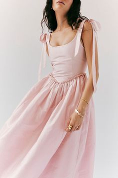 Pink Flare Dress, Feminine Pink Tulle Dress, Feminine Pink Dress With Bow Straps, Feminine Flowy Pink Ruffle Dress, Pink Dress With Bow And Ruffled Straps, Pink Wedding Guest Dress, Rococo Revival, Pink Voluminous Feminine Dress, Pale Pink Dress