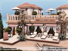 a rendering of a restaurant with patio furniture and umbrellas on the roof, surrounded by palm trees