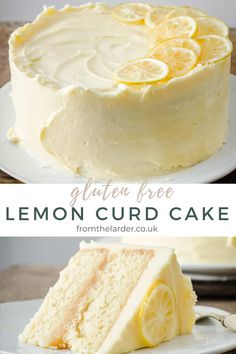 a lemon cake with white frosting and sliced lemons on the top, in front of