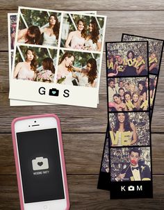 several polaroid photos are placed next to a cell phone on a wooden table with the word go's written below them