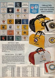 an advertisement for the official nfl football team with various bags and emblems on it