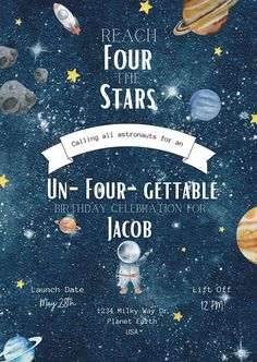 a birthday party flyer with planets and stars