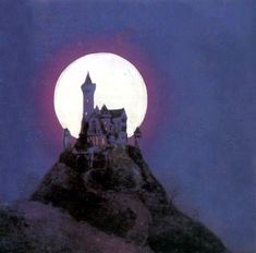 a castle on top of a hill with the moon in the background