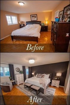 before and after pictures of a bedroom with wood flooring, white bedding and furniture