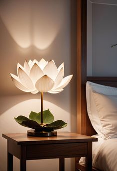 a large white flower sitting on top of a wooden table next to a night stand