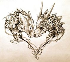 two wolfs in the shape of a heart with their heads touching each other's noses