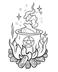 a witches caulder surrounded by fire and stars