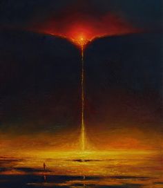 an oil painting of a red and yellow light at the end of a dark sky