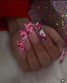 Girly Birthday Nails, Blinged Out French Tip, Y2k Nails Hello Kitty, Bape Nails, French Tip Nails Square, Pink Camo Nails, Valentines Nails French, Nail Inspo Hello Kitty, Duck Nails Short