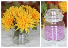 three different images of flowers in glass jars