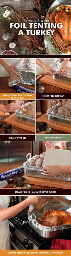 the instructions for how to roast a turkey in foil pans on an oven rack