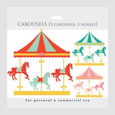 carousels and horses for personal & commercial use cut outs - 3 designs per sheet