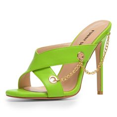 Spring Sandals With Chain Strap And Open Heel, Summer Leather Heels With Metal Feet, Green Leather Heels With Single Toe Strap, Summer Heels With Chain Strap And Open Heel, Summer Open Heel Heels With Chain Strap, Leather Sandals With Chain Strap And Open Heel, Leather Sandals With Chain Strap For Party, Party Sandals With Chain Strap In Leather, Party Leather Sandals With Chain Strap