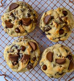 four chocolate chip muffins cooling on a wire rack