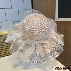 Color: Powder, Size: 50-52cm White Floral Shaped Sun Hat For Summer, White Beach Hat With Bow, White Crochet Sun Hat, One Size, White Flower-shaped Sun Hat For Summer, Beach Straw Bucket Hat, One Size, Kids Sun, Kids Sun Hat, Mesh Bows, Luxury Hats