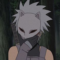 an anime character with white hair and grey eyes holding a knife in front of his face