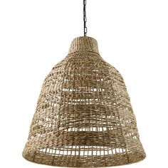 a large woven light fixture hanging from a chain