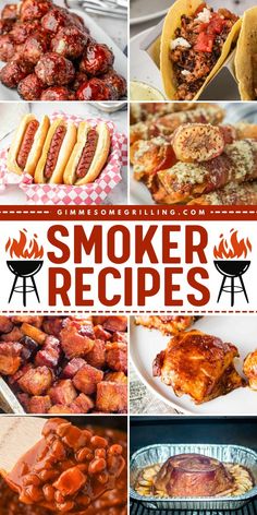 a series of photos with different types of food on them and the words smoker recipes written in red