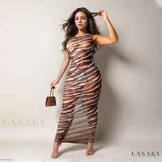 Lasaky - Stylish and Sensual Sheer Mesh Sleeveless Maxi Dress - Perfect for Beach Wear Luxury Fitted Mesh Summer Dress, Luxury Spring Mesh Dress For Night Out, Luxury Mesh Dress For Women For Spring, Luxury Spring Mesh Dress For Women, Luxury Stretch Mesh Dress For Spring, Asymmetric Bodycon Dress, Halter Strap Dress, Casual Beach Dress, Bodycon Sweater Dress