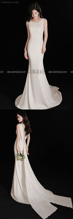 the back and side views of a white wedding dress